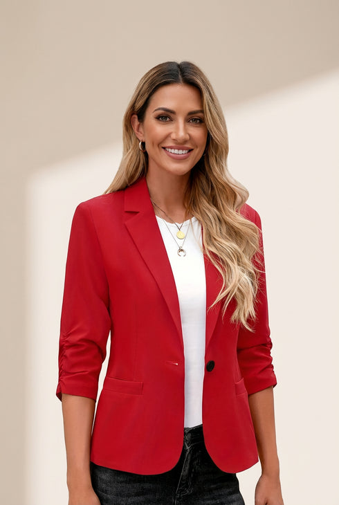 Button Up Solid Blazer with 3/4 Sleeves and Lapel Collar
