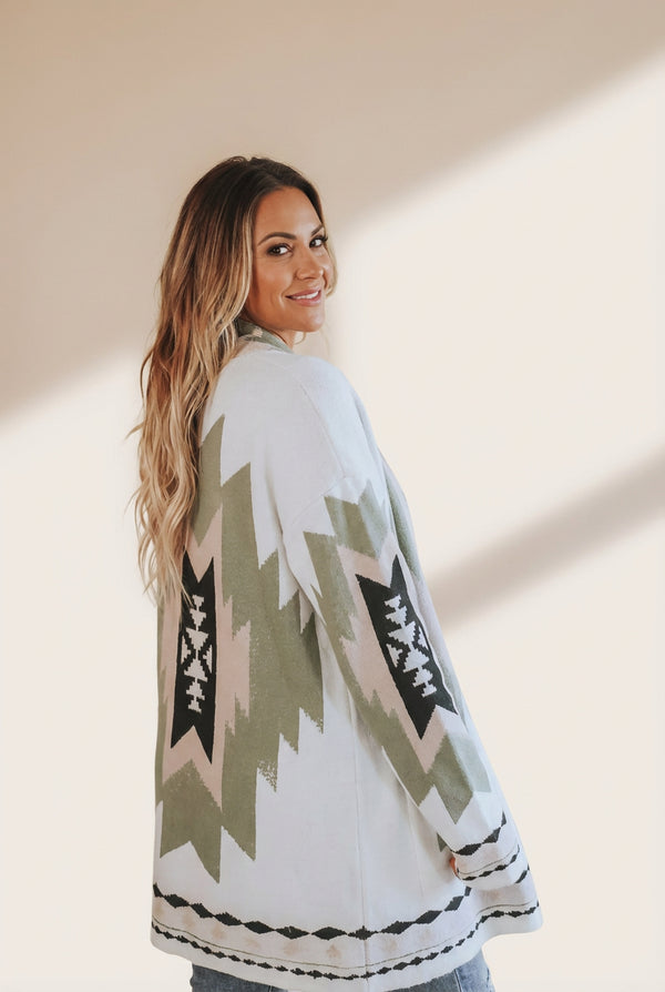 Women's Southwest Geometric Open-Front Longline Cardigan