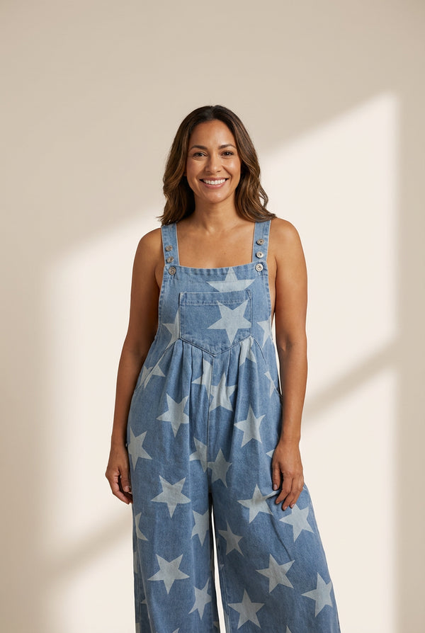 Women's Star Print Buttoned Strap Pleat Wide Leg Denim Overall