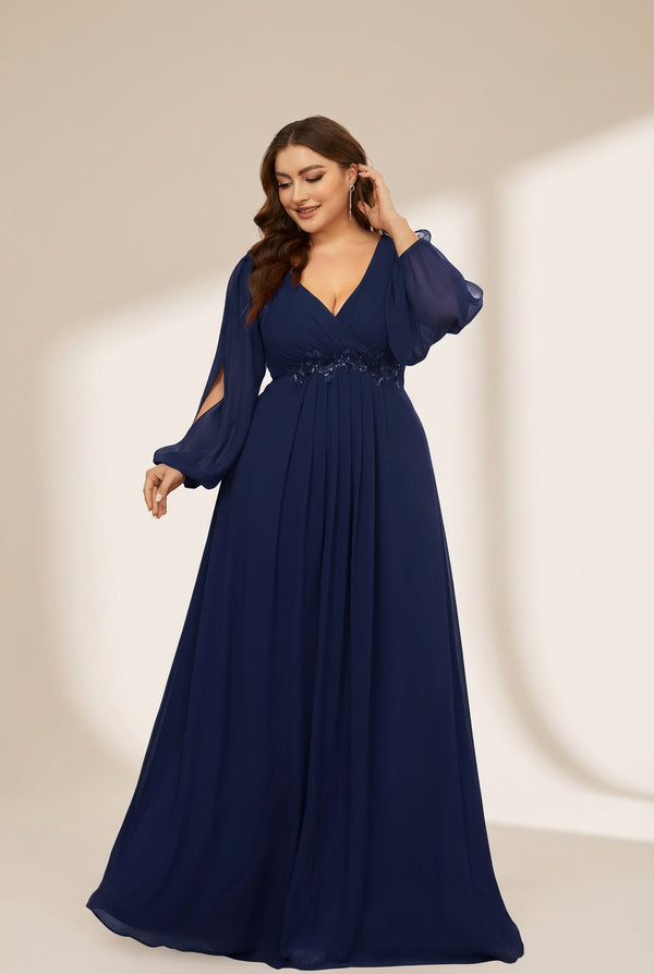 Women's Navy Chiffon Plus Size Evening Gown with Lantern Sleeves