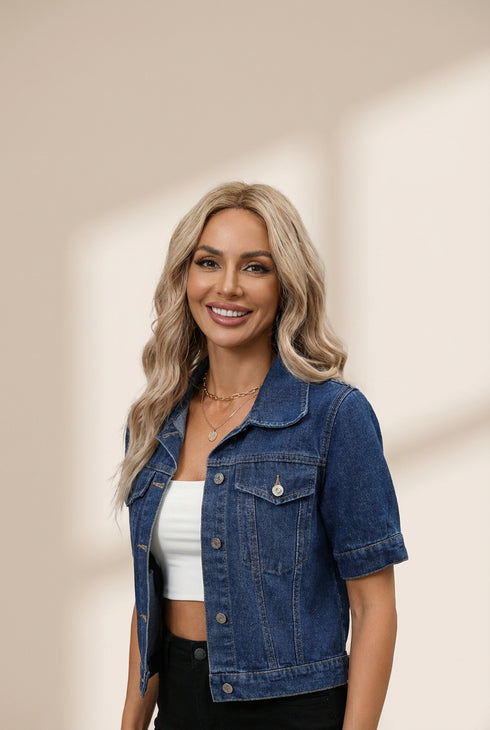 Short Sleeve Women's Denim Coat with Single Button Flap Pockets