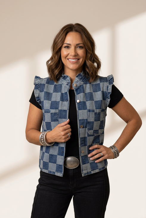 stylish-womens-beau-blue-checkered-denim-vest-with-ruffle-trim-and-button-closure-for-casual-chic-outfits