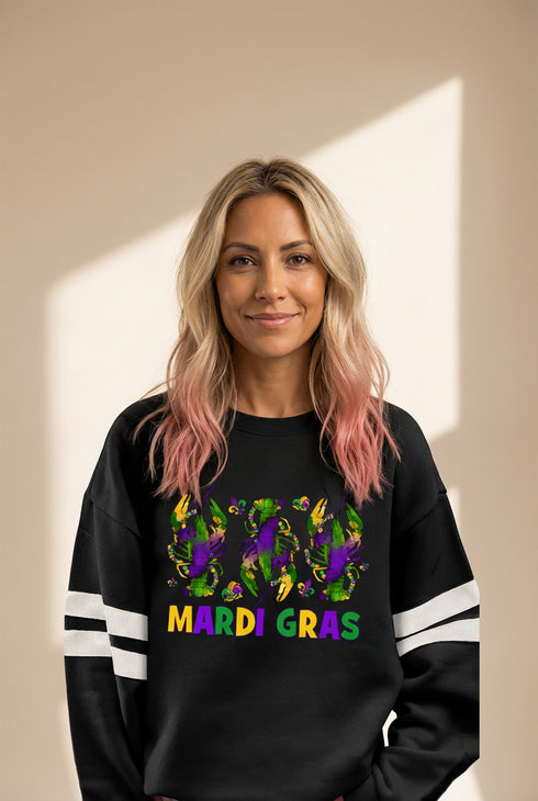 Black MARDI GRAS Crayfish Printed Varsity Striped Drop Shoulder Sweatshirt