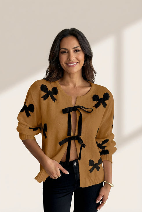 Camel Lace-up Bow Pattern Sweater Cardigan