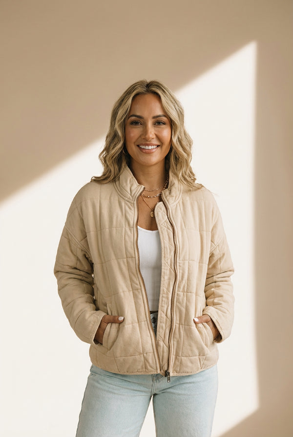 Khaki Zip-Up Pocket Quilted Jacket
