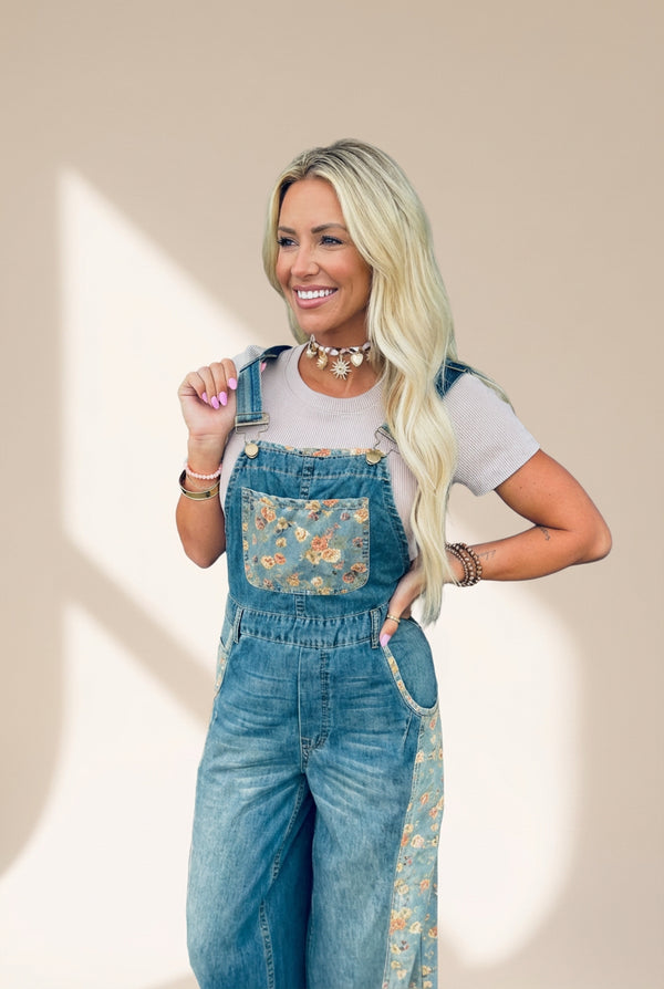 stylish women's peacock blue floral patchwork wide leg denim overalls - comfortable fashion for casual outings made for easy styling and wardrobe with