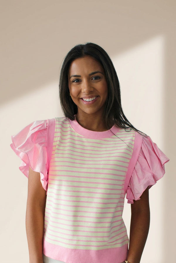 Pink Stripe Ruffled Short Sleeve Patchwork Blouse
