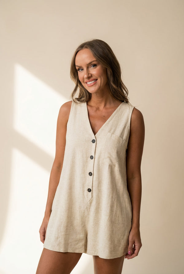 Women's Linen-Blend Button-Front Romper in Jumpsuits & Rompers