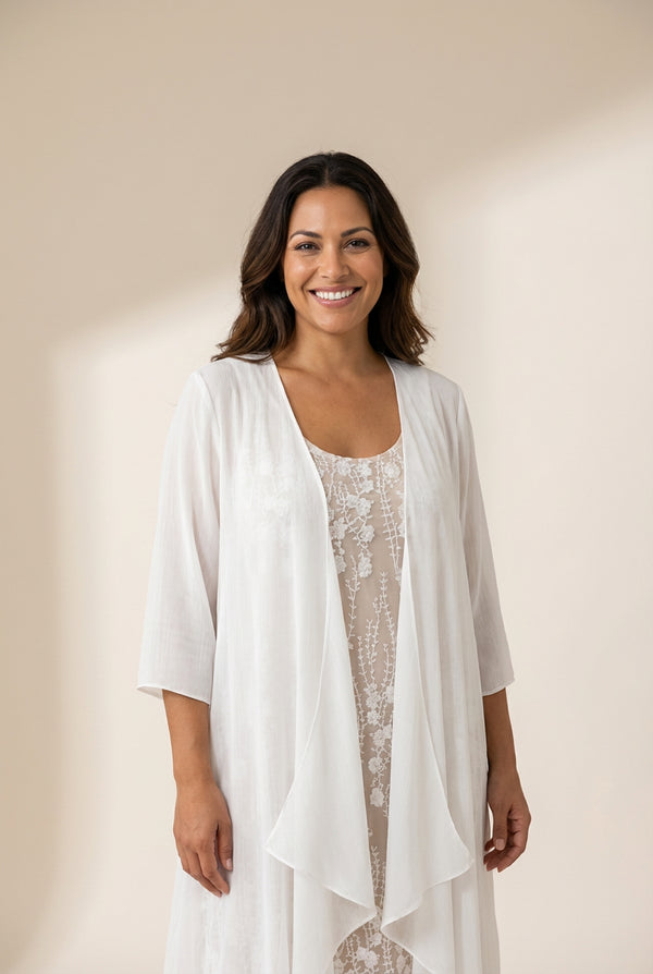 Embroidered White Lace Waterfall Kimono Duster with practical styling and dependable silhouette control.