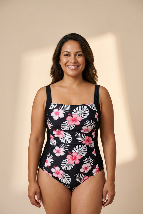 Black Floral Print Square Neck Ruched Tommy Control One Piece Swimsuit