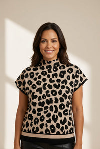 Trendy Women's Black Leopard Print High Neck Sweater - Chic Short Sleeve Design for Effortless Style and Comfort made for easy styling and wardrobe