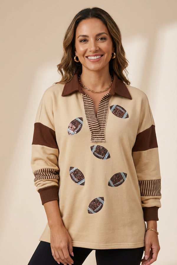 Women's Sequined Football Polo Sweatshirt with Striped Patchwork