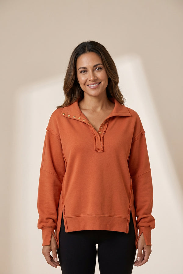 Women's Cotton-Blend High-Low Polo Sweatshirt with Snap Collar