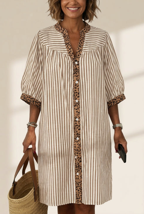 trendy-womens-khaki-stripe-shirt-dress-with-leopard-trim-loose-fit-bracelet-sleeves-for-effortless-casual-style