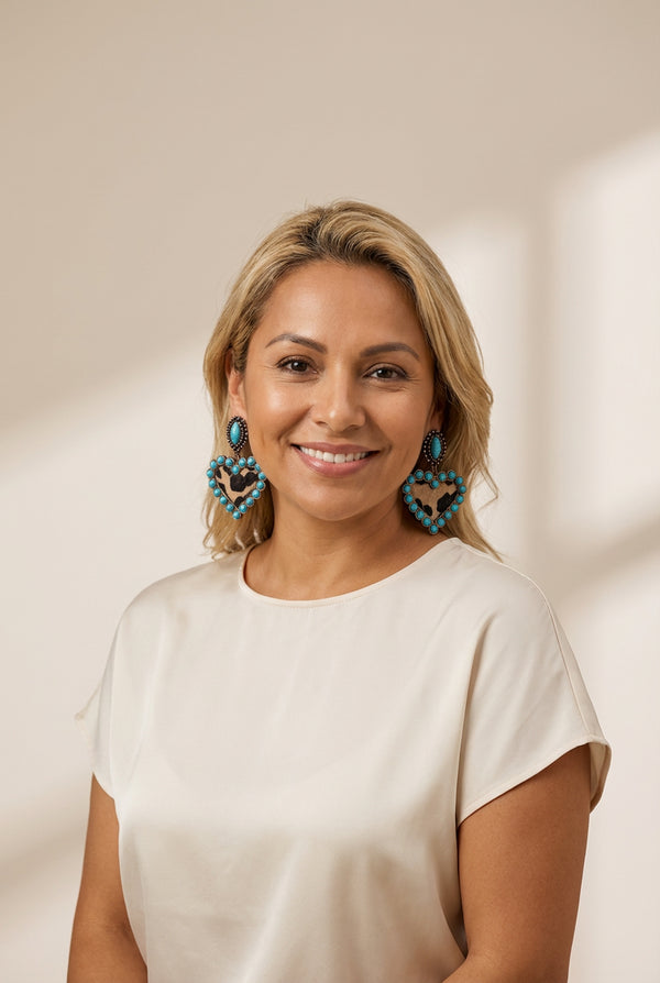 women's turquoise and leopard heart dangle western earrings made for easy styling and wardrobe coordination, with premium-like structure and finish.