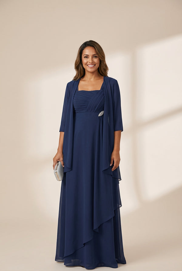 Women's Two-Piece Square Neck Chiffon A-Line Mother of the Bride Dress