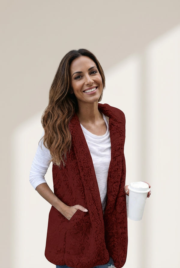 women's warm sherpa sleeveless hoodie vest made for easy styling and wardrobe coordination, with premium-like structure and finish. with practical
