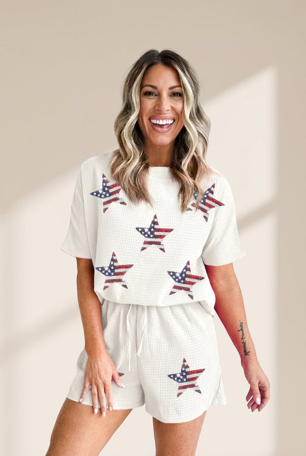 Women's Star Spangled Sequin White Waffle Knit Shorts Set