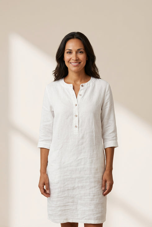 Breezy White Cotton Linen Shift Dress with 3/4 Length Sleeves