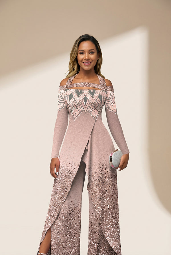 Women's Rose Gold Mandalas Gradient Off-Shoulder Formal Jumpsuit