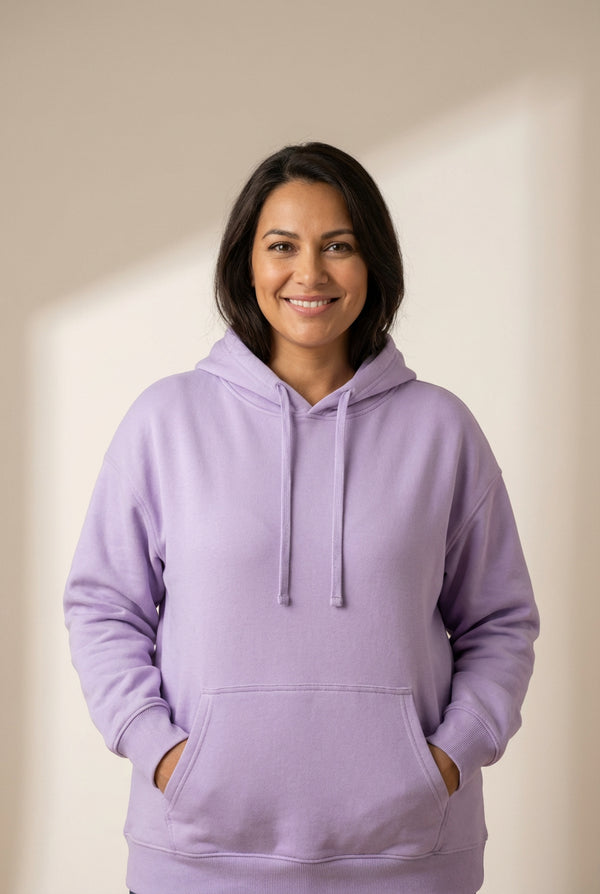 women's relaxed lavender cotton-blend hoodie with kangaroo pocket made for easy styling and wardrobe coordination, with premium-like structure and