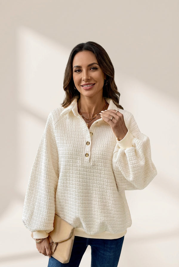 women's beige pineapple texture half-button pullover with puff sleeves made for easy styling and wardrobe coordination, with premium-like structure