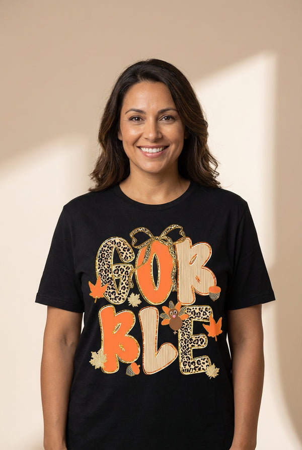 Women's Black Gobble Leopard Print Holiday Graphic Tee