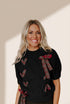 Black Plaid Lace up Detail Christmas Holiday Puff Short Sleeve Sweater