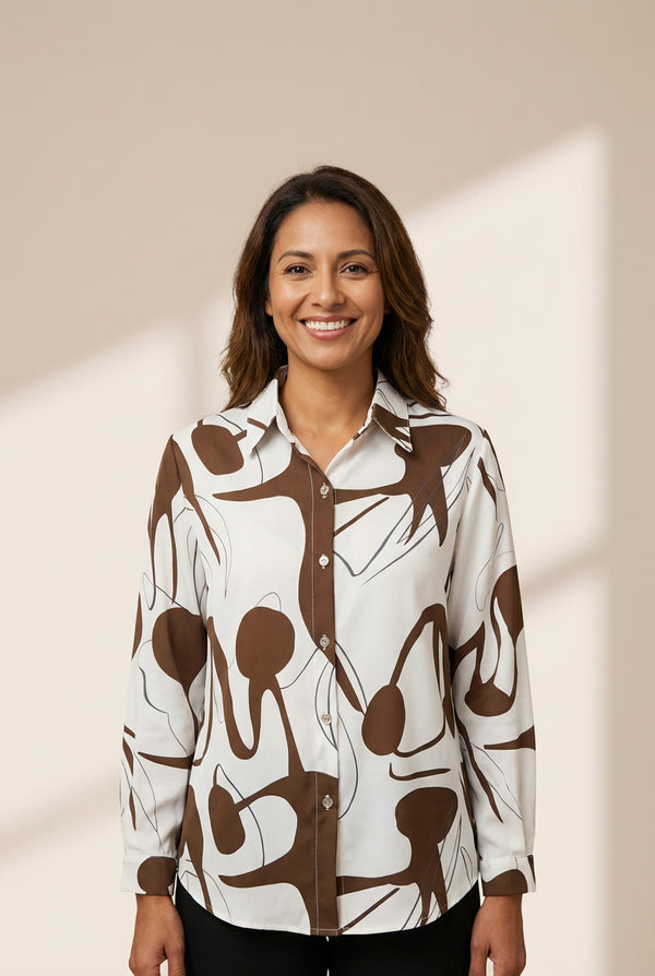 Women's Long Sleeve Stand Collar Button Printed Blouse