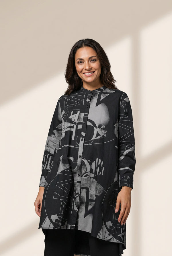 Women's Size Curve Blouses Stand Collar Fashion Printed Long Sleeve Blouse