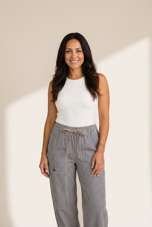 Khaki Stripe Button Patch Pocket Drawstring Elastic Waist Loose Pants
