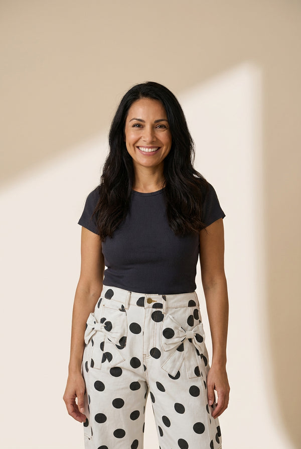 White Polka Dot Print Bow Detail Pocketed Denim Pants