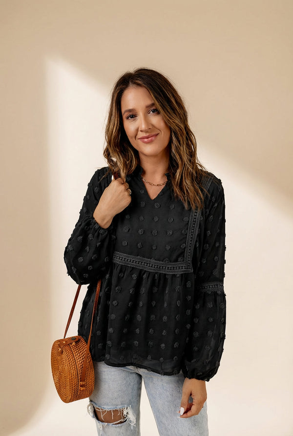 Women's Swiss Dot V-Neck Babydoll Blouse with Crochet Lace
