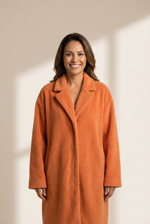 Crinkled Orange Oversized Shirt Dress with Dual Pockets