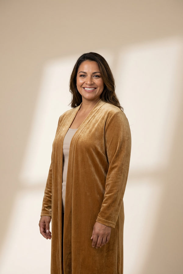 Women's Velvet Long Sleeve Open Front Cardigan in Golden Hues