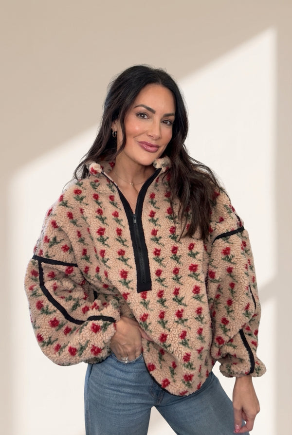 women's rose print sherpa half-zip pullover in beige made for easy styling and wardrobe coordination, with premium-like structure and finish. with