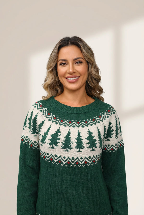 Women's Retro Forest Green Fair Isle Tree Sweater