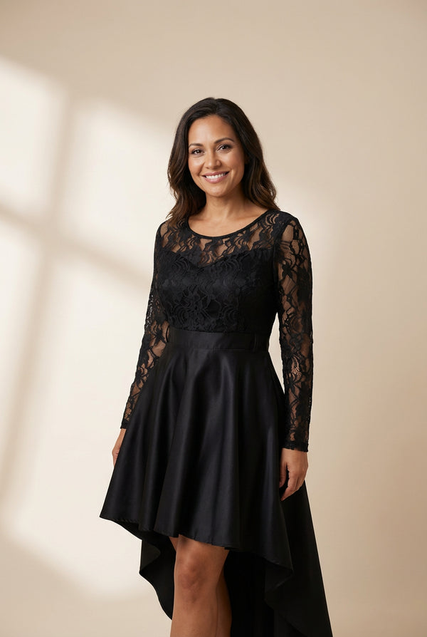 Women's Floral Lace High-Low Cocktail Dress Set in Onyx Black