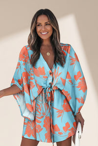 Women's Chic Deep V Neck Printed Mini Dress with Button Detail