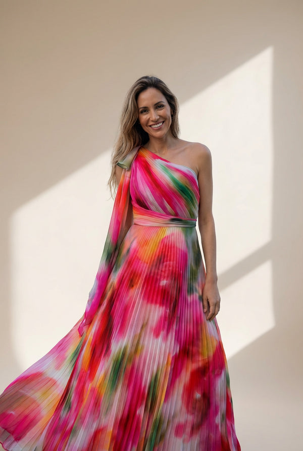 Women's Printed Sloping Shoulder Pleated Dress