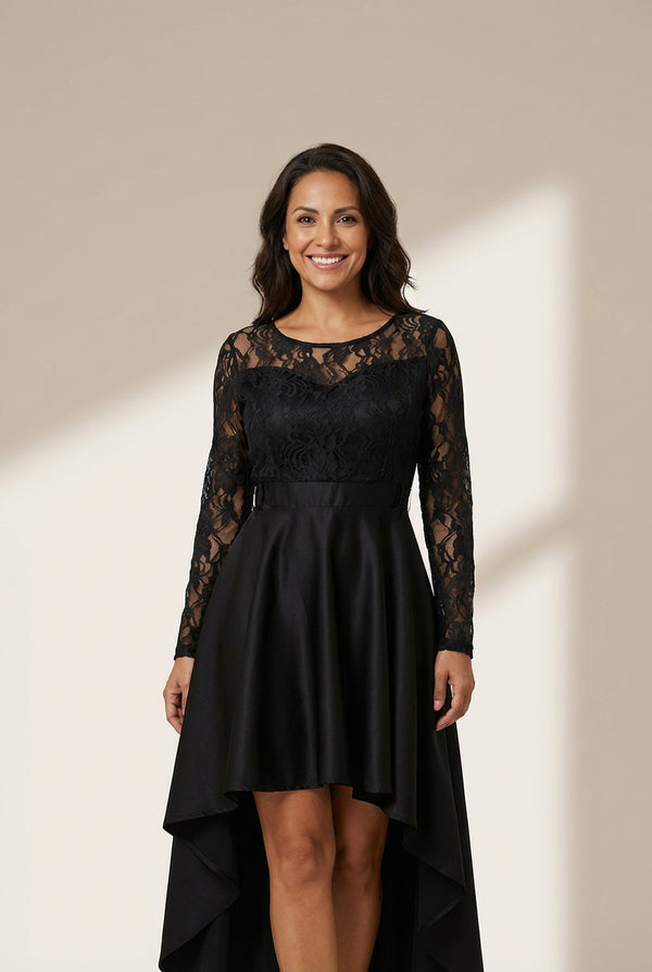 Mysterious Black Lace High-Low Satin Evening Gown