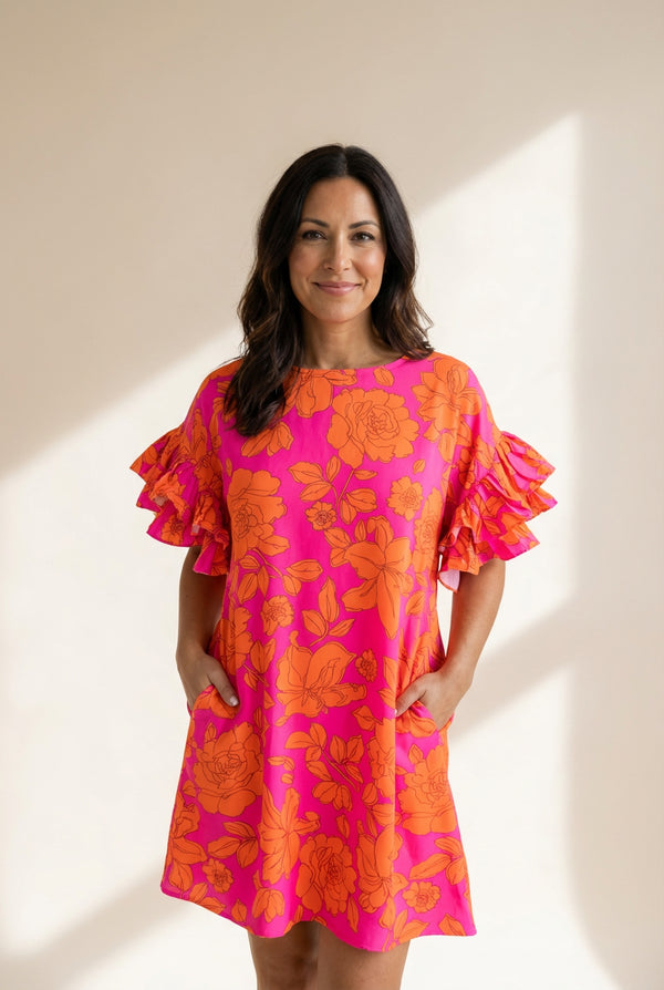 Floral Ruffle Sleeve Shift Dress in Neon Pink and Orange with practical styling and dependable silhouette control.