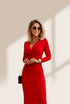 Fiery Red Ruched Sheath V Neck Bodycon Dress with Long Sleeves