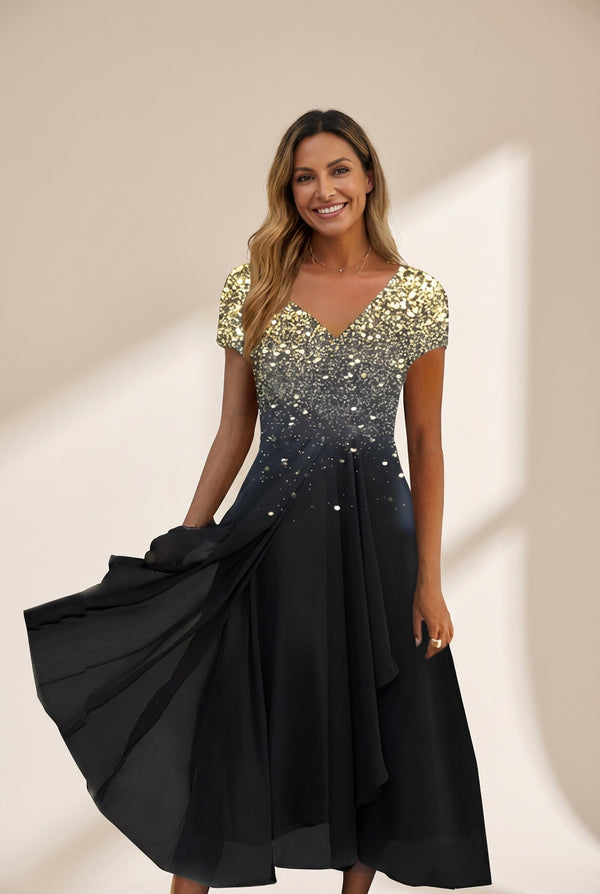 Glimmering V-Neck Asymmetrical Chiffon Midi Dress with practical styling and dependable silhouette control.