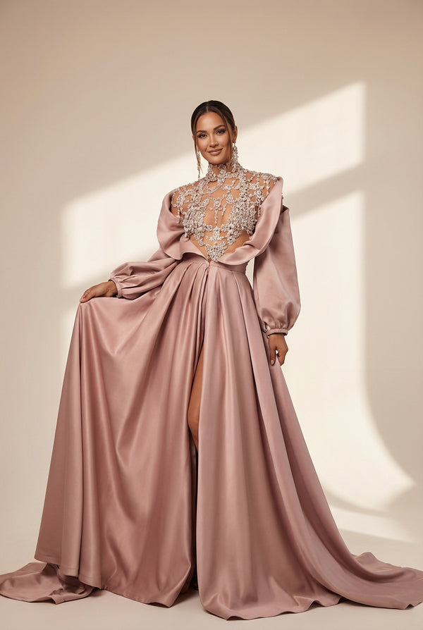 Women's Mauve Satin Evening Gown with Crystal Illusion Bodice