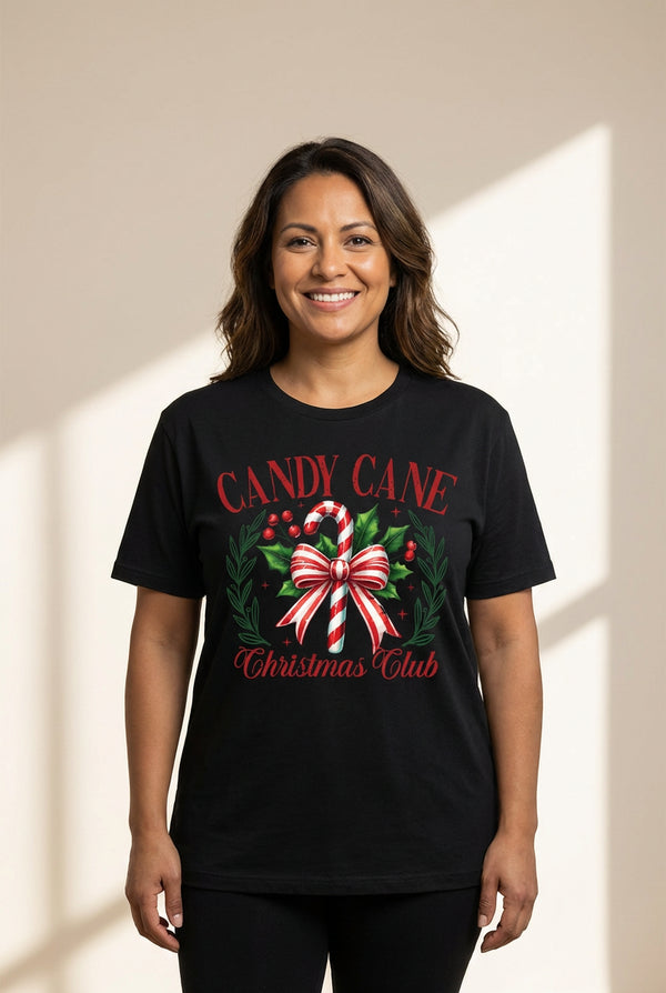 Women's Candy Cane Christmas Club Graphic Tee in Premium Black Jersey made for easy styling and wardrobe coordination, with premium-like structure and