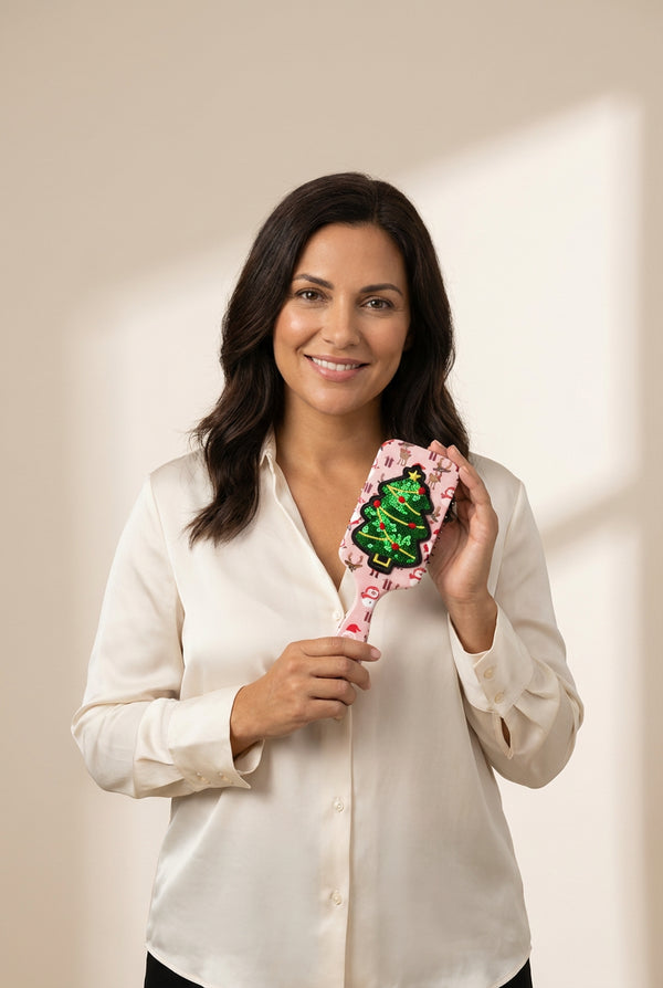 women's festive pink sequin christmas tree paddle brush made for easy styling and wardrobe coordination, with premium-like structure and finish. with