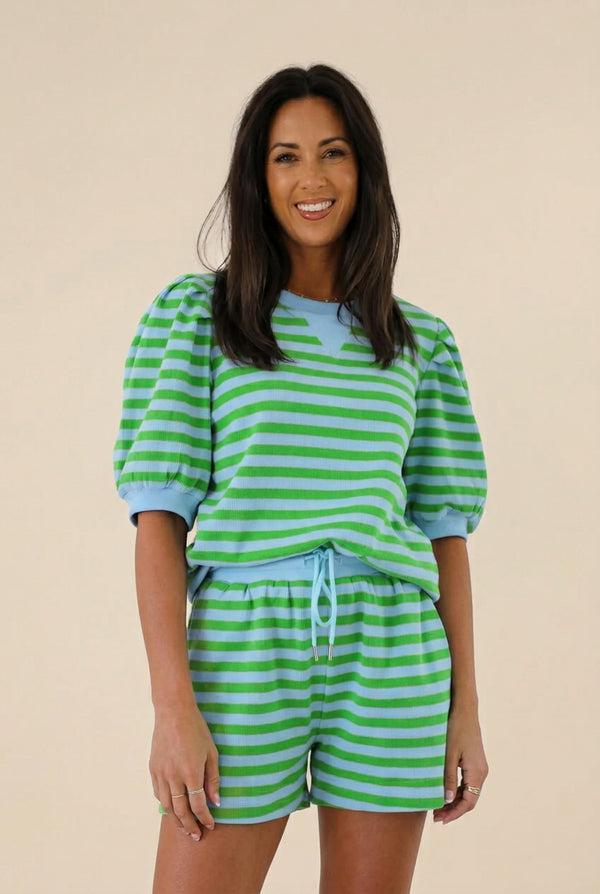 womens-green-striped-puff-sleeve-t-shirt-matching-shorts-set-trendy-summer-casual-outfit-for-stylish-everyday-wear