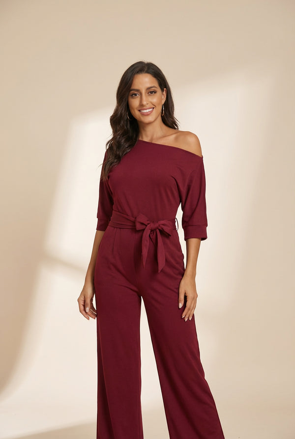 Women's Off-Shoulder Wide Leg Jumpsuit with 3/4 Sleeves