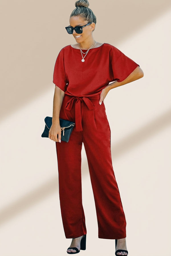 Women's Five-Point Sleeve Belted Wide-Leg Crepe Jumpsuit
